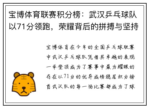 宝博体育联赛积分榜：武汉乒乓球队以71分领跑，荣耀背后的拼搏与坚持